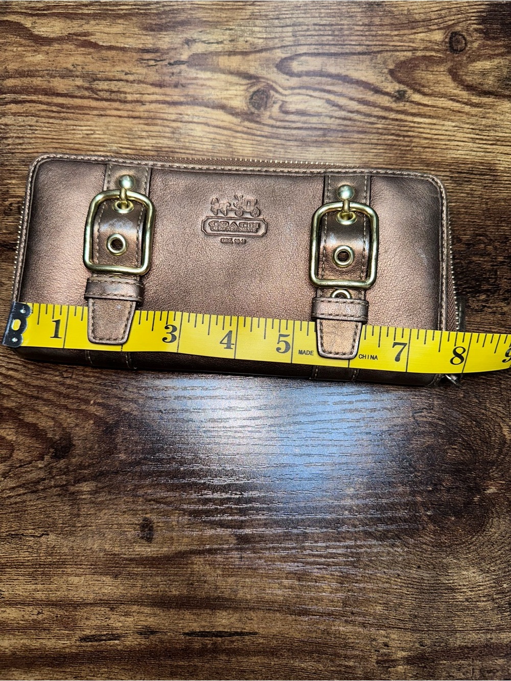 COACH Zoe Vintage Metallic Legacy Bronze Leather Zip Wallet with Buckle Detail - Picture 11 of 12